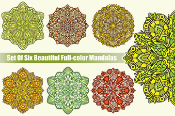 Set of six abstract vector colorful round lace designs in mono line style - mandalas, decorative elements in bright tones.