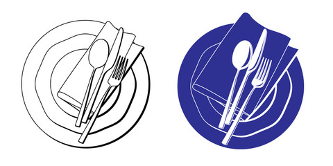 Plate saucer spoon fork knife napkin vector illustration in white and blue version