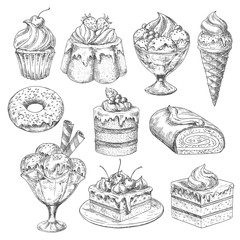 Wall Mural - Vector desserts and cakes for bakery sketch icons