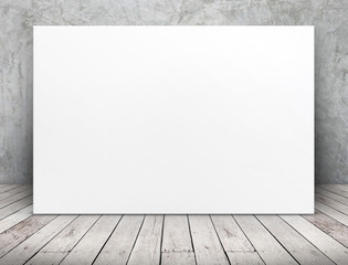 Fototapete - Blank long white paper poster leaning at concrete wall on wooden plank floor in perspective room,Business mock up presentation design