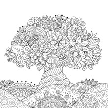 Beautiful Abstract Tree For Design Element And Adult Coloring Book Pages. Vector Illustration