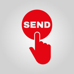 Poster - Hand pressing a button with the text SEND icon. Send, submit, ship, dispatch symbol. Flat design. Stock - Vector illustration