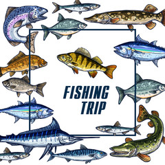 Wall Mural - Vector poster template for fishing trip sketch