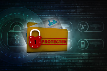 Poster - Yellow folder and lock. Data security concept. 3D rendering
