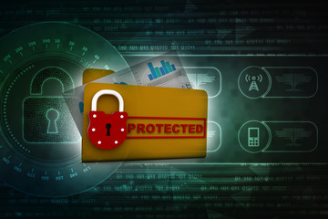 Poster - Yellow folder and lock. Data security concept. 3D rendering
