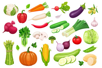 Wall Mural - Vector vegetables icons set in cartoon style.
