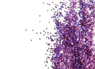 Wall Mural - Purple glitter sparkles on white background. Can be used as place for text, for greeting or invitation cards, fashion magazines, web sites etc.