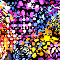 Poster - Isolated abstract colorful bubbles on black background, drops dotted texture bright kids wallpaper vector illustration