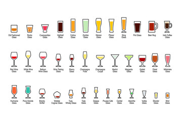 Bar glassware with titles, color icons set on white background, vector illustration