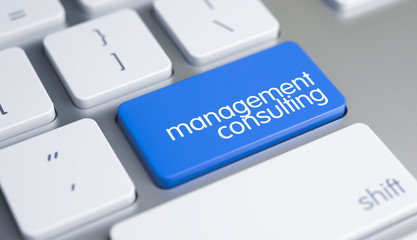 Poster - Service Concept with Blue Enter Button on the Slim Aluminum Keyboard: Management Consulting. Close Up Blue Keyboard Button - Management Consulting. 3D Render.