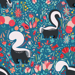 Poster - Seamless pattern in flat style with cartoon floral elements, flowers and skunks. Cute colorful background.
