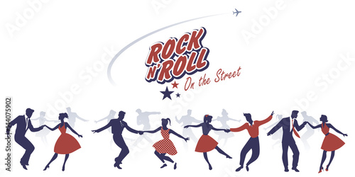 Poster Silhouettes of young couples wearing 50's clothes dancing rock and roll