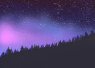 Wall Mural - Starry sky in the forest. Digital painting.