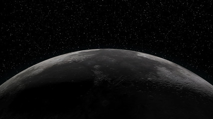 Wall Mural - close up of the moon. partially lit horizon surrounded by stars. digital 3d illustration. elements o