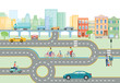 Gemeinde mit Straßenverkehr und transport Illustration