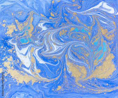 Blue And Golden Liquid Texture Watercolor Hand Drawn Marbling