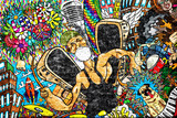 Fototapeta Młodzieżowe - Music collage on a large brick wall, graffiti