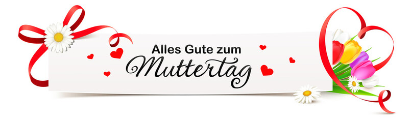 Sticker - Grußkarte Banner mit roter Schleife, Herz Band und Blumen - Alles Gute zum Muttertag