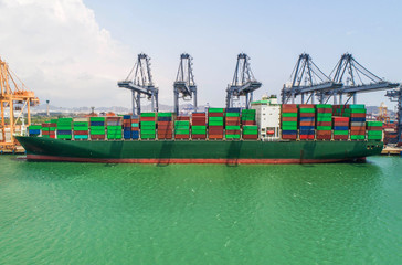 container ship in import export and business logistic.By crane ,Trade Port , Shipping, cargo to harbor, Aerial view, Top view.