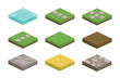 © Kateina - Set of isometric landscape design tiles with different surfaces - grass, water, dirt, stone, pavement and parts for creating path