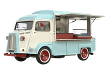 Food Truck Eatery Cafe On Wheels, In Light Colors. 3D Rendering