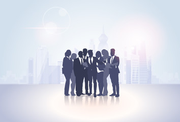 Business People Group Silhouettes Over City Landscape Modern Office Buildings Vector Illustration