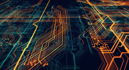 Fototapete - Printed circuit board futuristic server/Circuit board futuristic server code processing. Orange,  green, blue technology background
