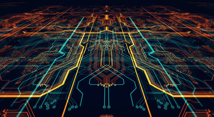 Printed circuit board futuristic server/Circuit board futuristic server code processing. Orange,  green, blue technology background