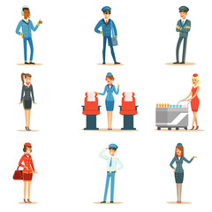 Poster - Commercial Flight Board Crew Set Of Air Transportation Professionals Working On The Plane, Stewardesses And Pilots