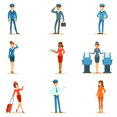 Sticker - Commercial Flight Board Crew Collection Of Air Transportation Professionals Working On The Plane, Stewardesses And Pilots