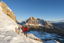 Nuvolau, Dolomites, Veneto, Italy. Mountaineer In The Ascent To The Nuvolau