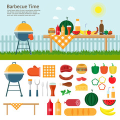 Fruit, wine, barbecue grill, watermelon on the grass, bbq flat vector illustration. Summer picnic on meadow under sky.