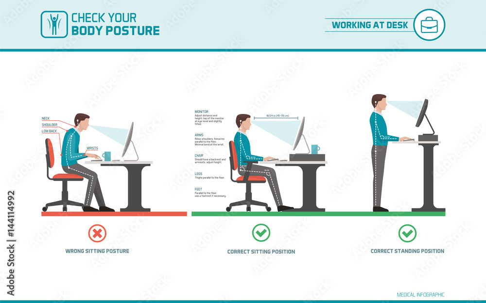 Correct sitting posture at desk - obrazy, fototapety, plakaty 