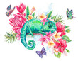 Watercolor green chameleon with butterflies, flowers
