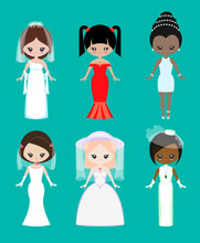 Girls Of Different Races In Wedding Dresses And Jewelry