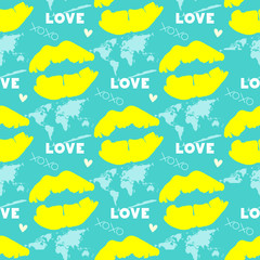 Wall Mural - yellow lip mark on turquoise background, seamless pattern 