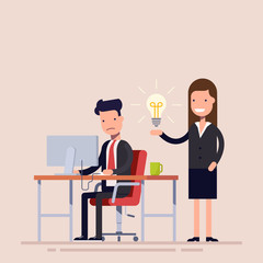 Poster - Employee helps with the idea of a colleague being in despair. Help in a difficult situation. Workflow in the office. Businesswoman and businessman in business suits.