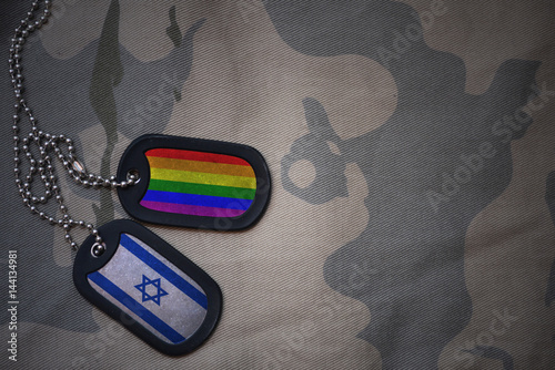 Stampa su Tela army blank, dog tag with flag of israel and gay rainbow flag on the khaki texture background