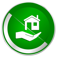 Sticker - House care silver metallic border green web icon for mobile apps and internet.