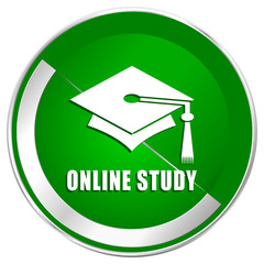 Poster - Online, study silver metallic border green web icon for mobile apps and internet.