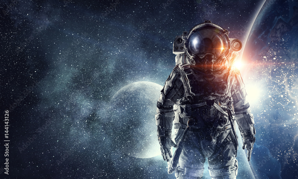 Astronaut in outer space. Mixed media . Mixed media - obrazy, fototapety, plakaty 