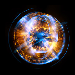 Wall Mural - 3D Atom icon. Luminous nuclear model on dark background. Glowing energy balls. Molecule structure. Trace atoms and electrons..Physics concept. Microscopic forms. Nuclear reaction element. Supernova