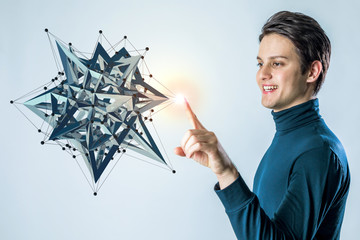 Aufkleber - young man pointing at technological 3D rendering object. mixed media.