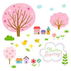 Poster - Cute spring village and floral nature elements set.