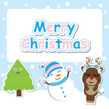 Fototapeta Dinusie - Cute deer, snowman and Xmas tree vector cartoon for Xmas postcard, wallpaper, and greeting card, vector illustration