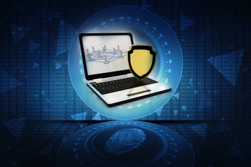 Poster - laptop with shield. Isolated 3d rendering image
