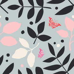 Aufkleber - seamless pattern with leaves and butterflies