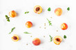 Fresh peaches. Sliced peaches on white background. Flat lay, top view