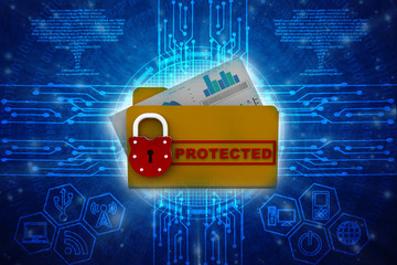 Poster - Yellow folder and lock. Data security concept. 3D rendering
