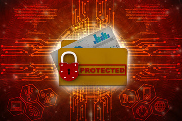 Poster - Yellow folder and lock. Data security concept. 3D rendering
